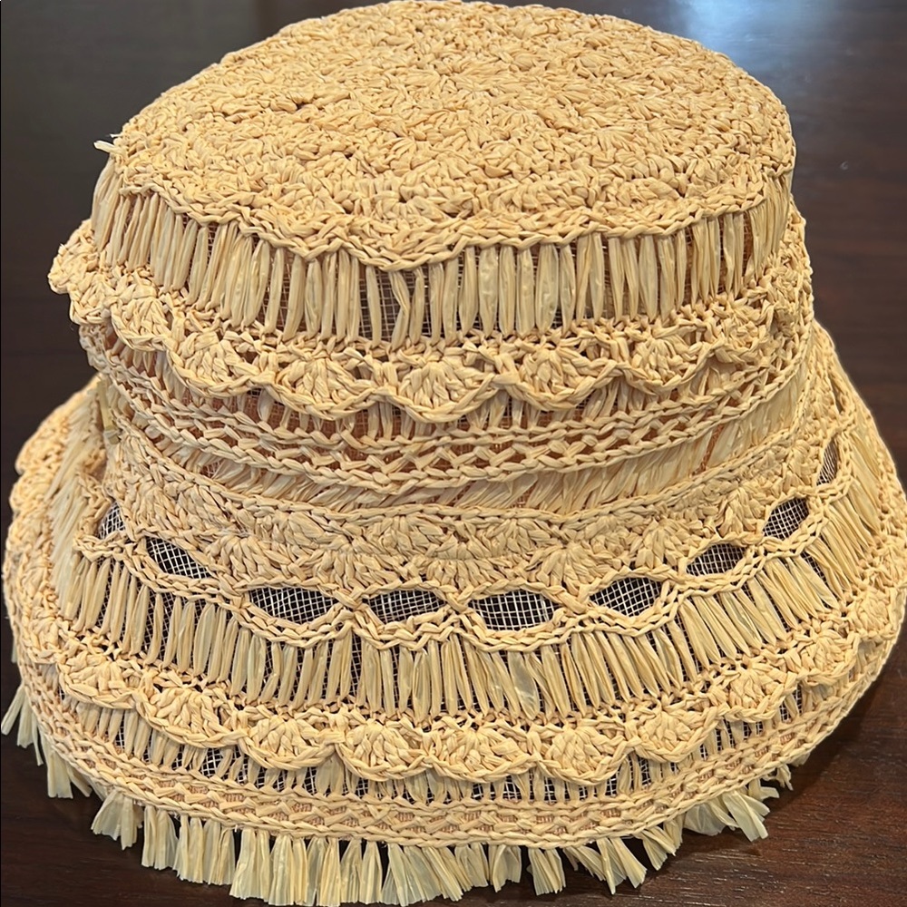 Zimmermann Neutral Crocheted Straw Bucket Hat one size